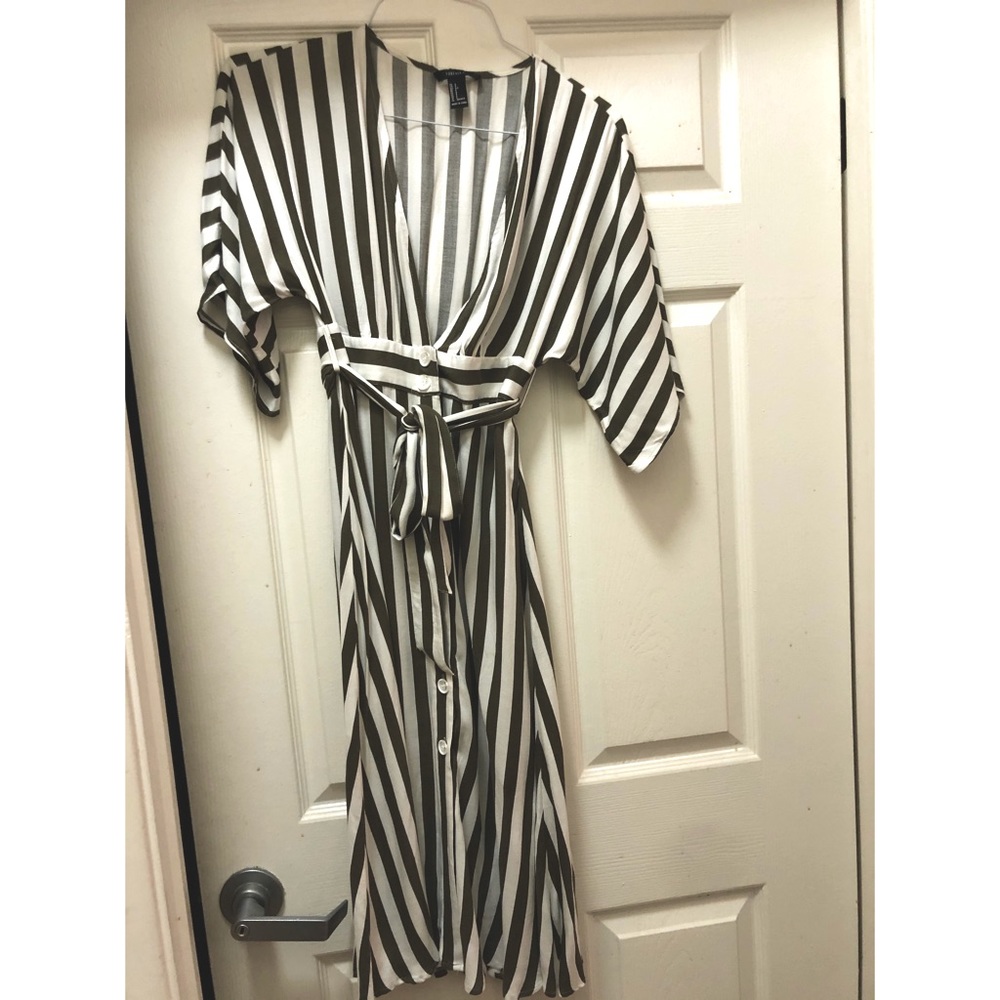 Plunging Dress, White & Olive Green, EUC